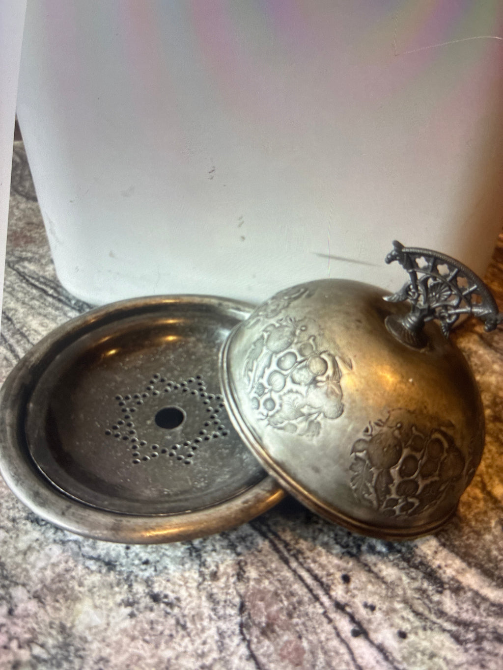 Silver plated oval domed lid butter/caviar dish with metal insert