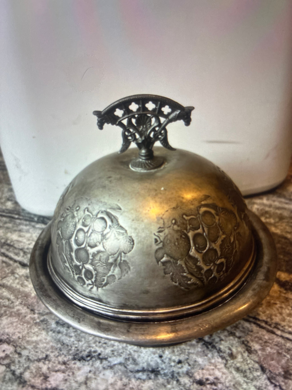 Silver plated oval domed lid butter/caviar dish with metal insert